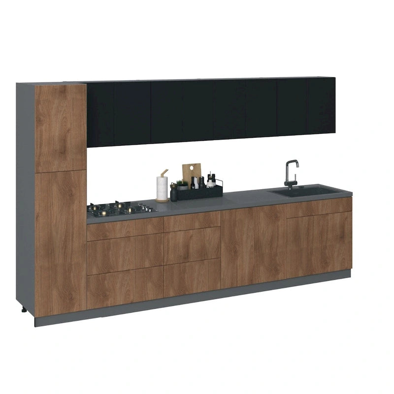 Engineered Wood Kitchen Elegant Collection Natural Teak & Black Color Base Size 11Ft Wide - 135x24 Cabinet