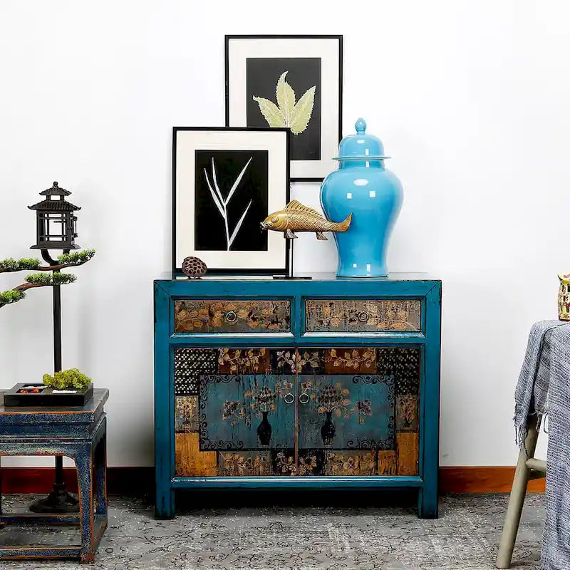 Wood Artissance Floral Cabinet Antique Indigo With two Drawers 38X16X33H - 16 L x 38.5 W x 33 H - image 7