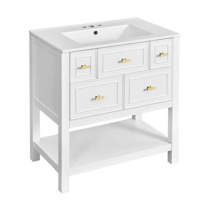 30 Bathroom Vanity with Ceramic Sink Combo, Free Standing Single Vanity Set with 5 Drawers