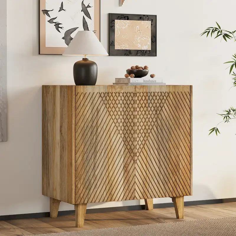 28W Accent Sideboard Cabinet with Storage with Fluted Design and Adjustable Shelf - N/A