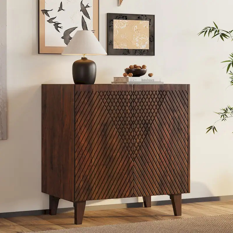 28W Accent Sideboard Cabinet with Storage with Fluted Design and Adjustable Shelf - N/A
