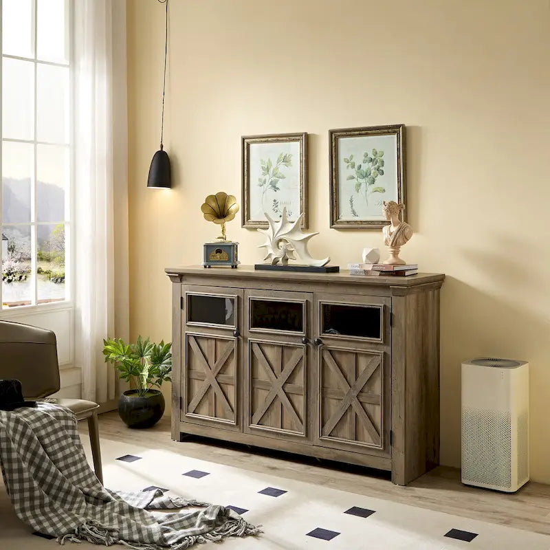 Farmhouse Sideboard Buffet Cabinet with Storage with 3 Doors, Kitchen Storage Cabinet, Coffee Bar Cabinet with Adjustable Shelf