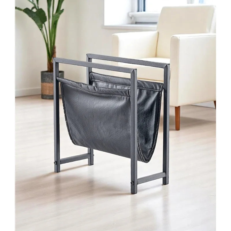 Mertens Freestanding Matte Metal Frame Leatharette Sling Magazine Holder