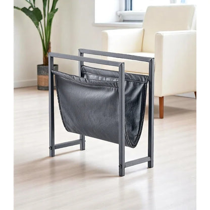 Mertens Freestanding Matte Metal Frame Leatharette Sling Magazine Holder