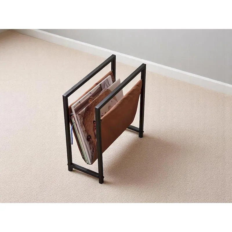 Mertens Freestanding Matte Metal Frame Leatharette Sling Magazine Holder