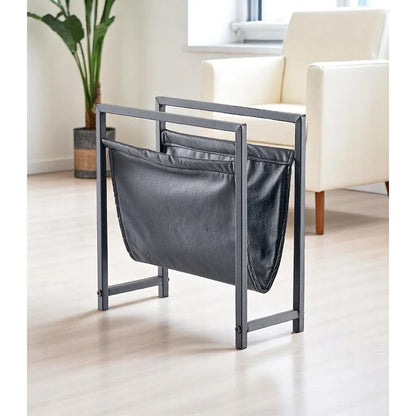 Mertens Freestanding Matte Metal Frame Leatharette Sling Magazine Holder