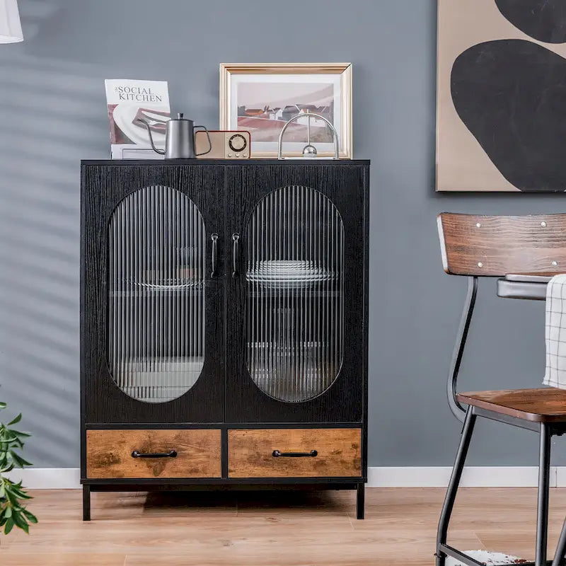 Costway Kitchen Storage Cabinet Freestanding Buffet Sideboard w/ 2 - Black, Rustic Brown - See Details