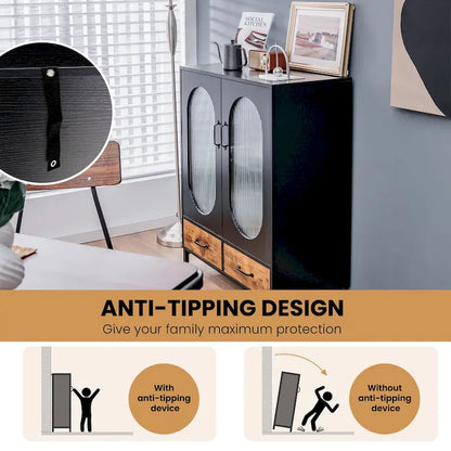 Costway Kitchen Storage Cabinet Freestanding Buffet Sideboard w/ 2 - Black, Rustic Brown - See Details