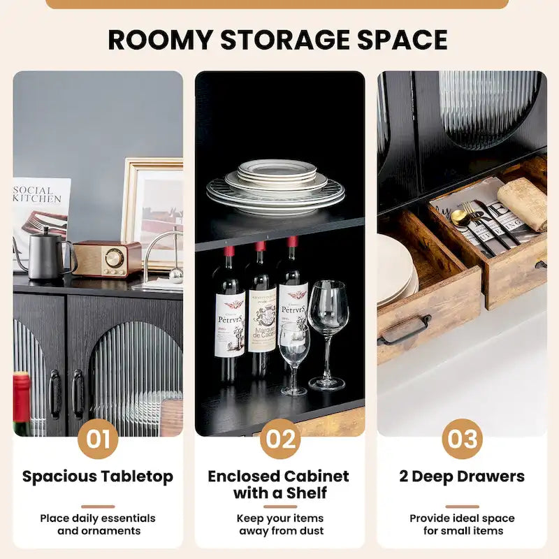 Costway Kitchen Storage Cabinet Freestanding Buffet Sideboard w/ 2 - Black, Rustic Brown - See Details