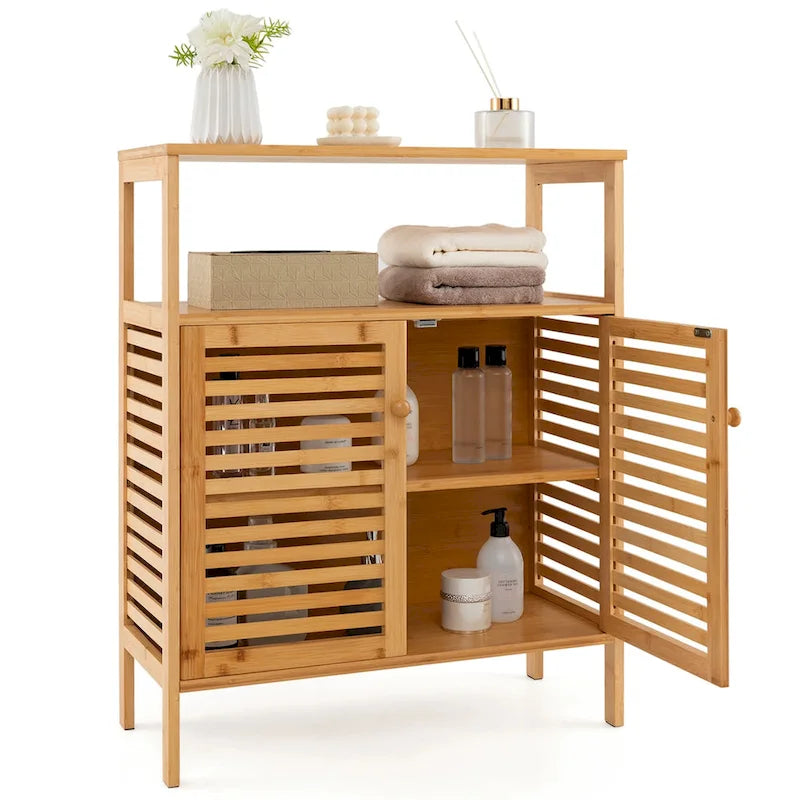 Costway Bamboo Storage Cabinet with Double Louvered Doors Open Shelf & - See Details
