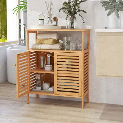 Costway Bamboo Storage Cabinet with Double Louvered Doors Open Shelf & - See Details