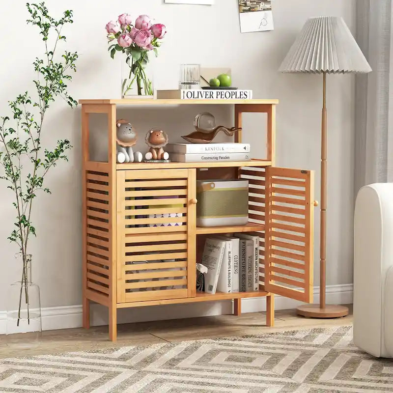 Costway Bamboo Storage Cabinet with Double Louvered Doors Open Shelf & - See Details