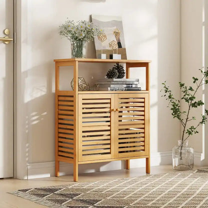 Costway Bamboo Storage Cabinet with Double Louvered Doors Open Shelf & - See Details