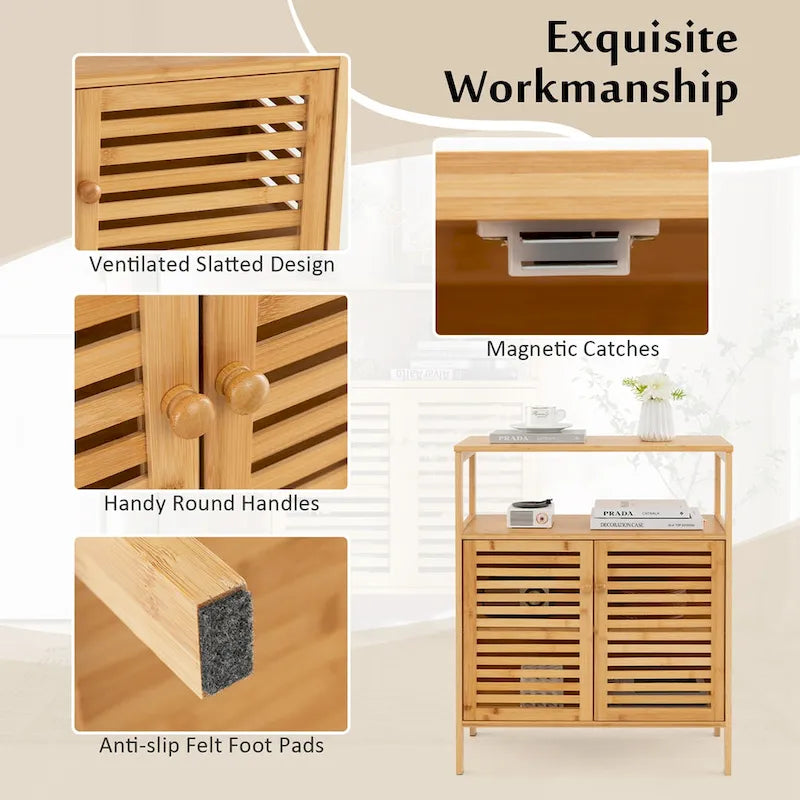 Costway Bamboo Storage Cabinet with Double Louvered Doors Open Shelf & - See Details