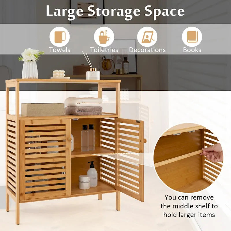 Costway Bamboo Storage Cabinet with Double Louvered Doors Open Shelf & - See Details