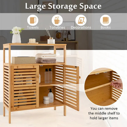 Costway Bamboo Storage Cabinet with Double Louvered Doors Open Shelf & - See Details