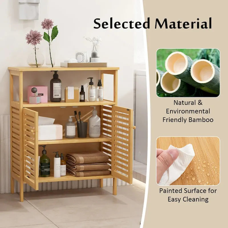 Costway Bamboo Storage Cabinet with Double Louvered Doors Open Shelf & - See Details