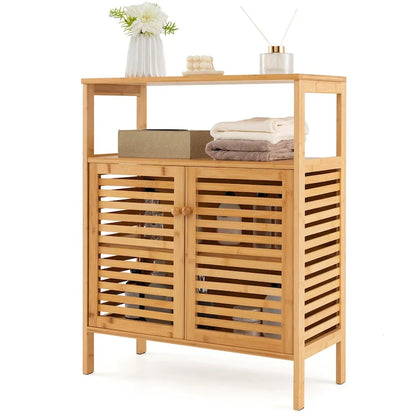 Costway Bamboo Storage Cabinet with Double Louvered Doors Open Shelf & - See Details