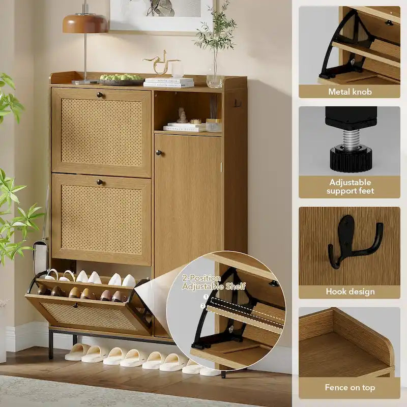 Rattan Shoe Cabinet with 3 Flip Drawers and 4-Tier