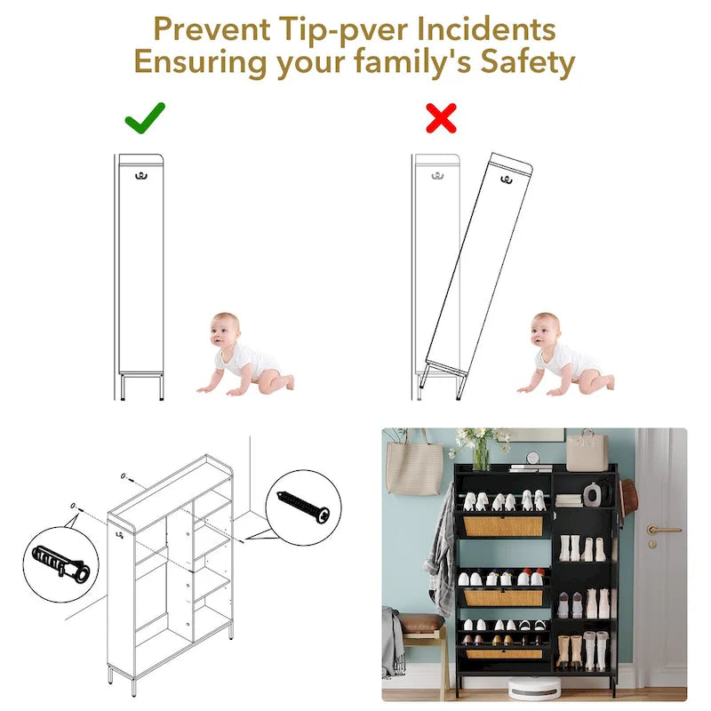 Rattan Shoe Cabinet with 3 Flip Drawers and 4-Tier