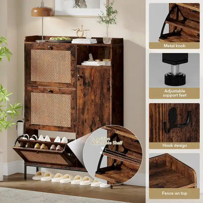 Rattan Shoe Cabinet with 3 Flip Drawers and 4-Tier