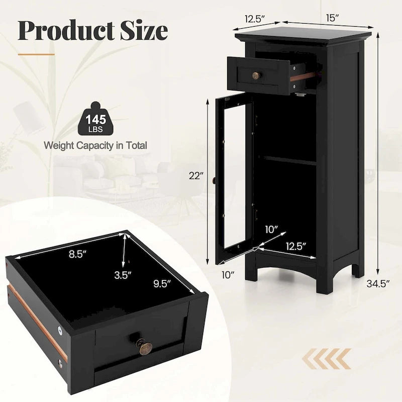Costway Bathroom Floor Cabinet with Single Glass Door Drawer & - See Details