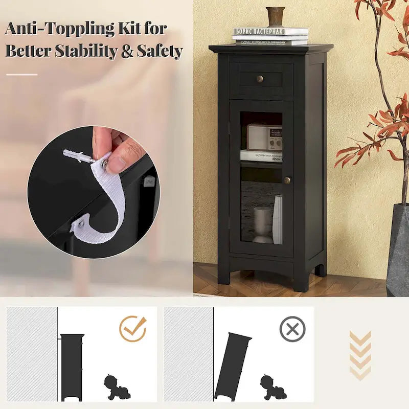 Costway Bathroom Floor Cabinet with Single Glass Door Drawer & - See Details