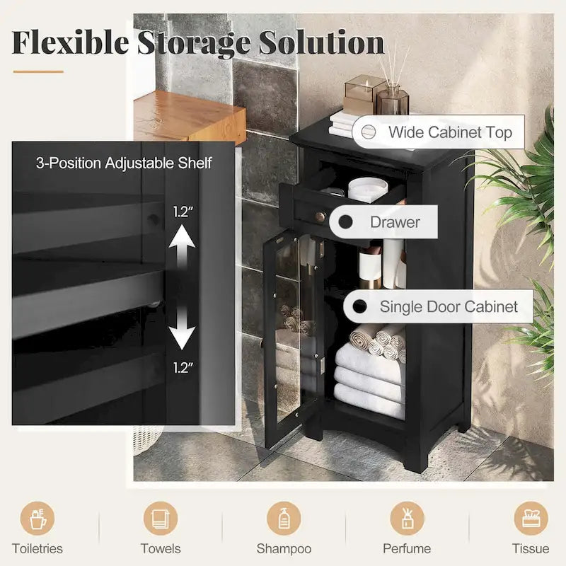 Costway Bathroom Floor Cabinet with Single Glass Door Drawer & - See Details