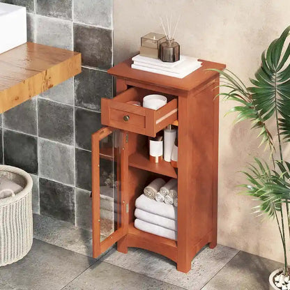 Costway Bathroom Floor Cabinet with Single Glass Door Drawer & - See Details