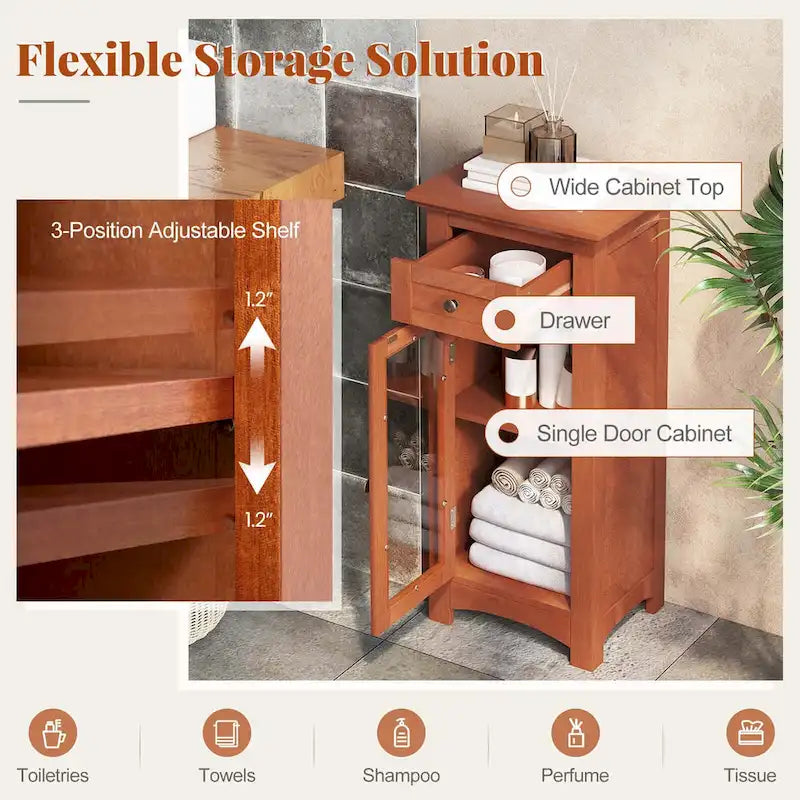 Costway Bathroom Floor Cabinet with Single Glass Door Drawer & - See Details