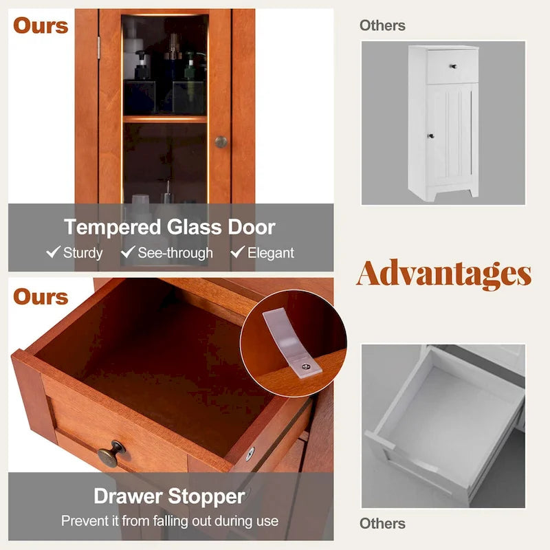 Costway Bathroom Floor Cabinet with Single Glass Door Drawer & - See Details