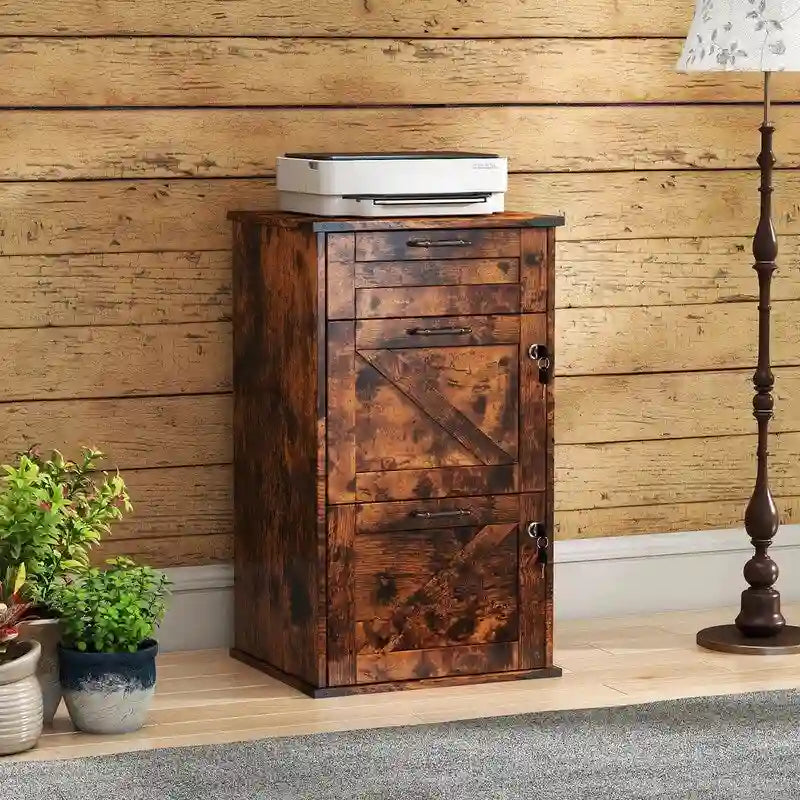 Barn Door Wooden 3 Drawers With Lock 30.71H