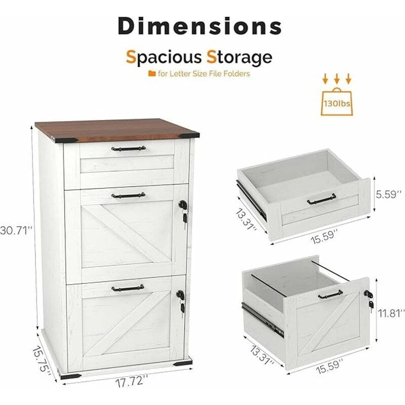 Barn Door Wooden 3 Drawers With Lock 30.71H