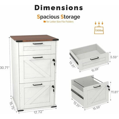 Barn Door Wooden 3 Drawers With Lock 30.71H