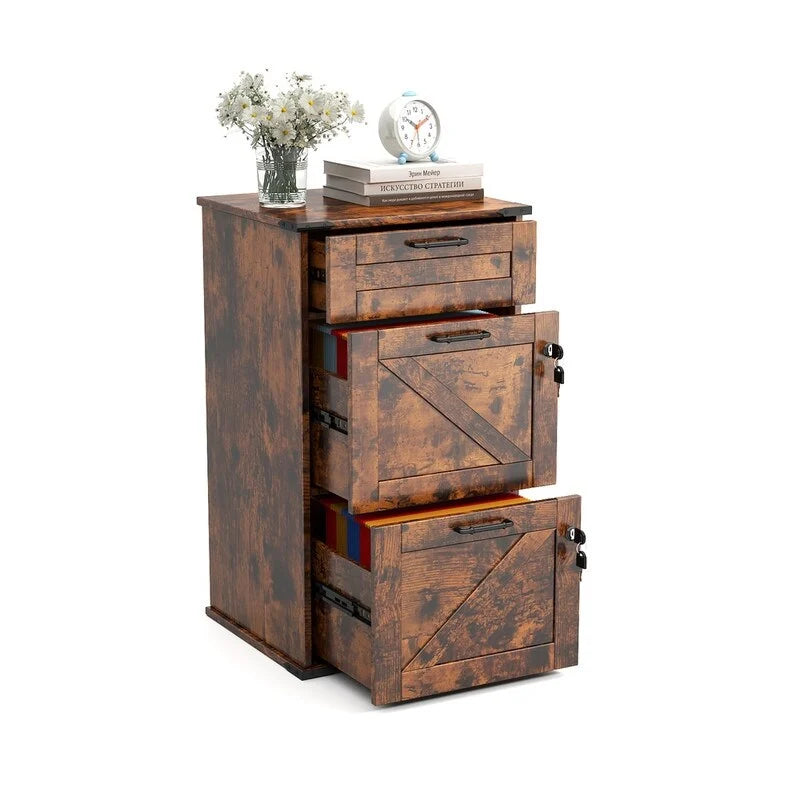 Barn Door Wooden 3 Drawers With Lock 30.71H