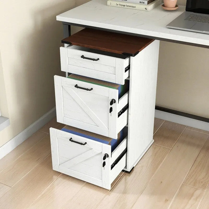 Barn Door Wooden 3 Drawers With Lock 30.71H