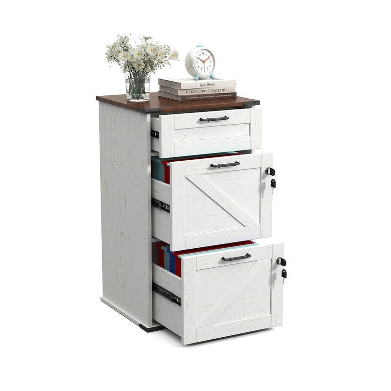 Barn Door Wooden 3 Drawers With Lock 30.71H