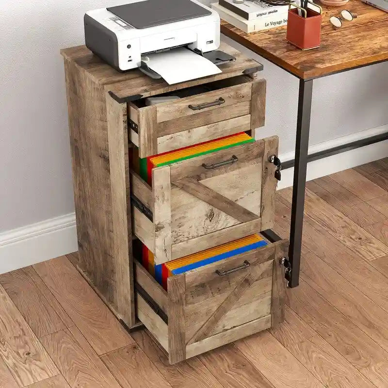 Barn Door Wooden 3 Drawers With Lock 30.71H