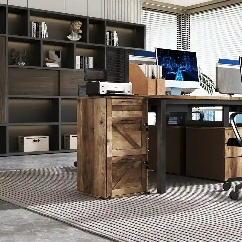 Barn Door Wooden 3 Drawers With Lock 30.71H