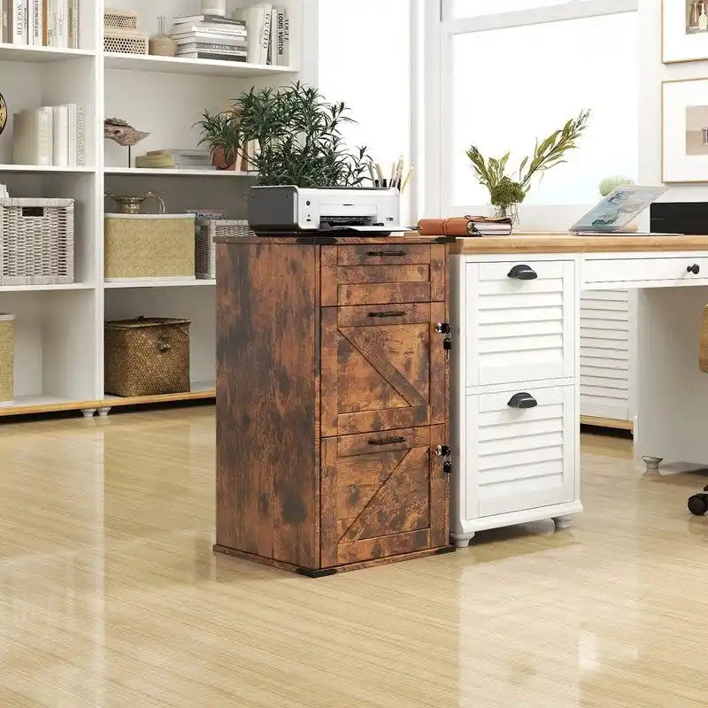 Barn Door Wooden 3 Drawers With Lock 30.71H