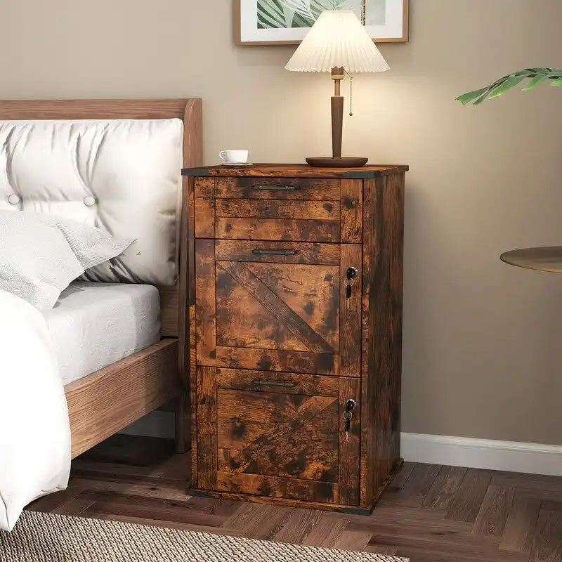 Barn Door Wooden 3 Drawers With Lock 30.71H