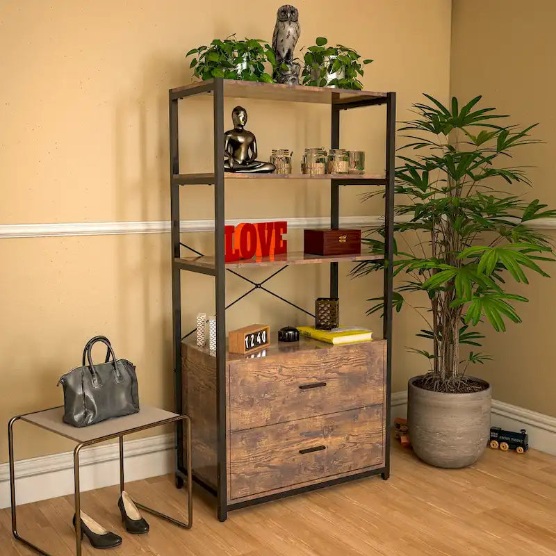 Industrial Bookcase with File Cabinet Drawers