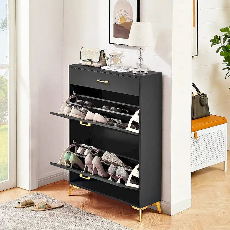 Wood Modern Shoe Cabinet with Flip-Top Drawers