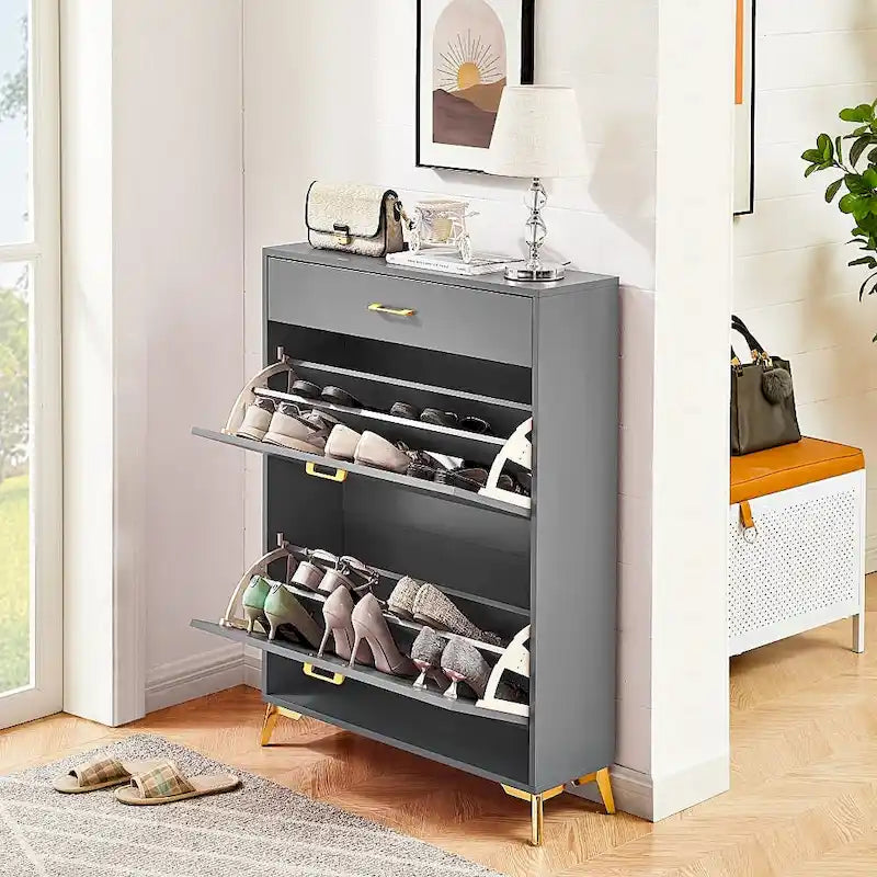 Wood Modern Shoe Cabinet with Flip-Top Drawers