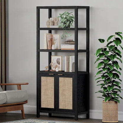 SICOTAS 5 Tier Adjustable Bookshelf with Rattan Storage Cabinet