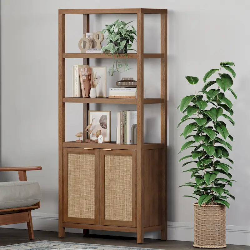 SICOTAS 5 Tier Adjustable Bookshelf with Rattan Storage Cabinet