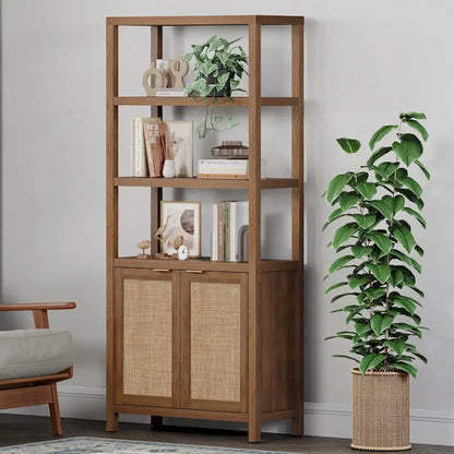 SICOTAS 5 Tier Adjustable Bookshelf with Rattan Storage Cabinet