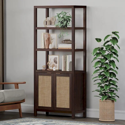 SICOTAS 5 Tier Adjustable Bookshelf with Rattan Storage Cabinet
