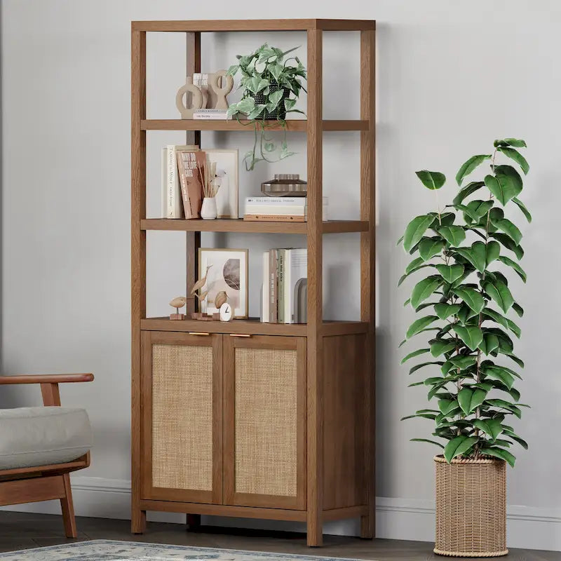 SICOTAS 5 Tier Adjustable Bookshelf with Rattan Storage Cabinet