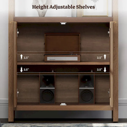 SICOTAS 5 Tier Adjustable Bookshelf with Rattan Storage Cabinet